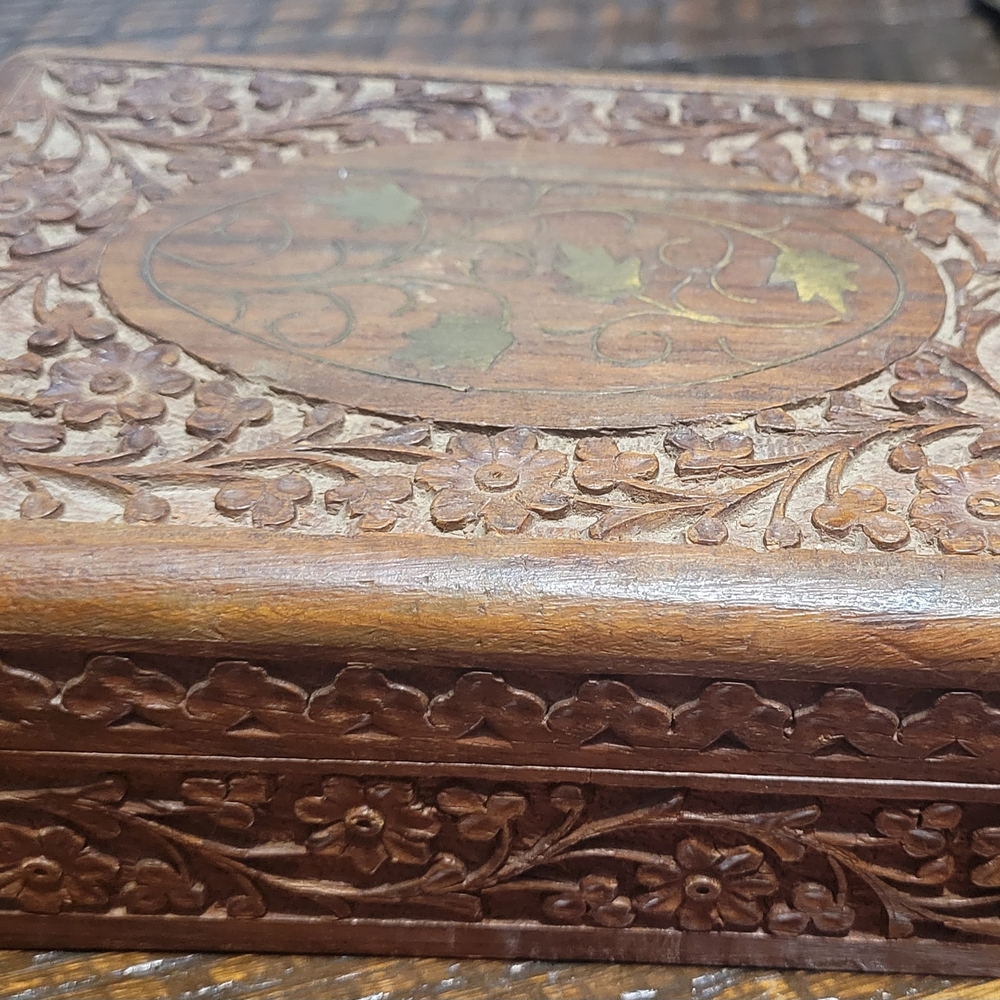 Source Unknown Hand-Carved Wooden Box in Brown with Green Inlay